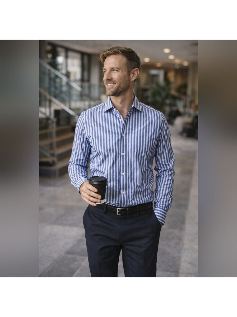 Bugatchi Uomo Shaped Fit Blue & Light Blue Striped Button-Down Shirt